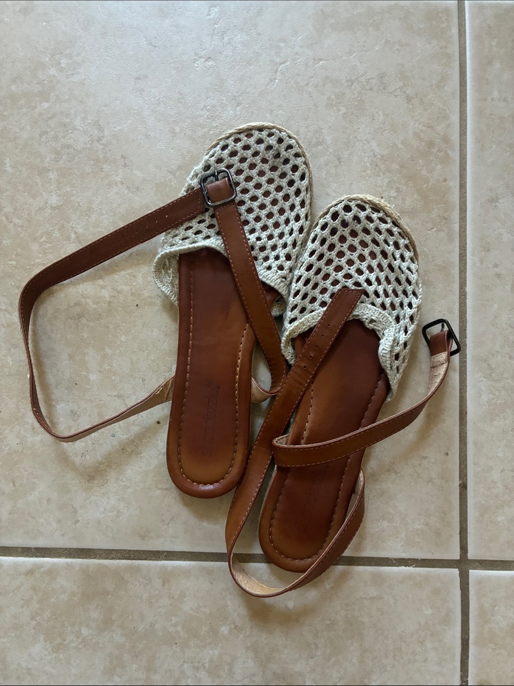 Shoe Dazzle Cream Woven Slingback Sandals with Brown Straps